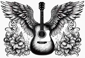 Microphone and musical notes and guitar and wings and female tattoo idea
