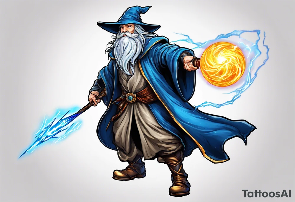 Wizard controlling lightning with a staff with blue arc ball tattoo idea