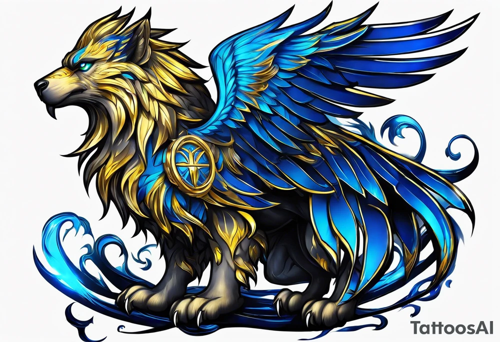 black cyber matallic griffin with golden and silver accents and blue neon tattoo idea