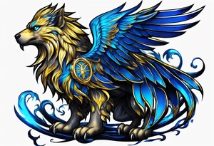 black cyber matallic griffin with golden and silver accents and blue neon tattoo idea