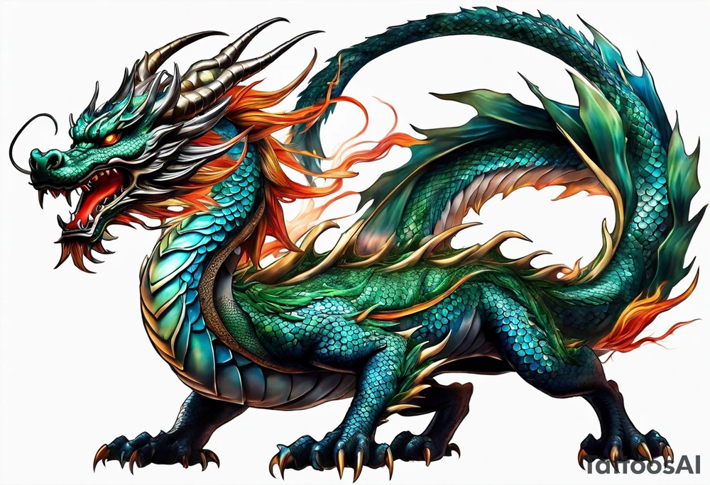 An epic floating asian dragon. Its long body coiling dynamically, with scales and horns detailed to create a sense of movement and strength. The dragon's color is giving a vibrant depth and a mystical aura. This tattoo highlights the dragon’s fierce expression and sharp claws. tattoo idea