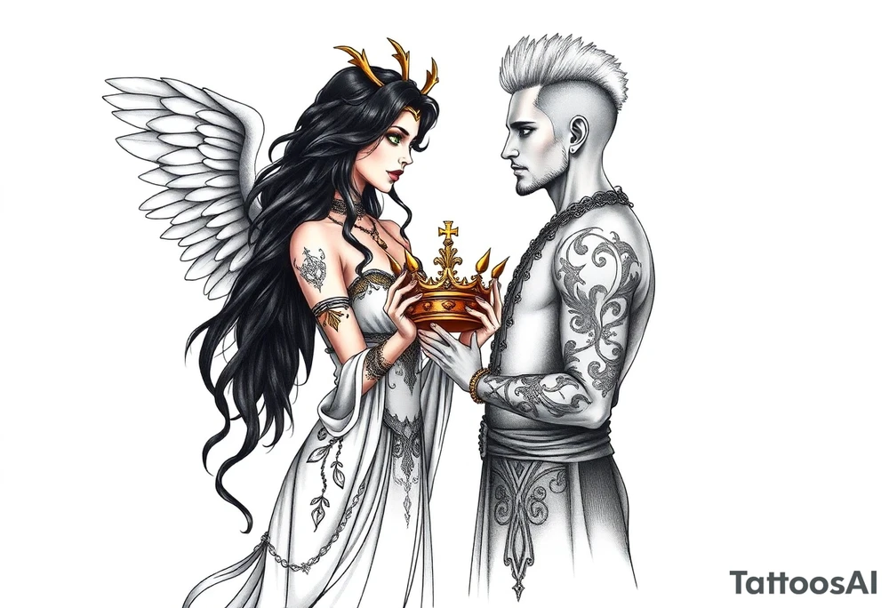 A Scorpio gypsy woman with wings like an angel and long black hair and green eyes holding a kings crown in her hands putting it on a tall man with silver short faux hawk hair and blue eyes. She is wearing a long flowing dress tattoo idea