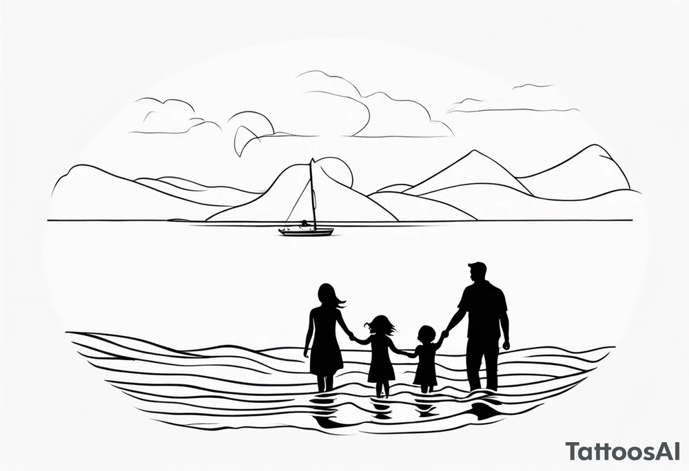 Single line tattoo of a dad and his two toddler daughters holding hands by the ocean tattoo idea