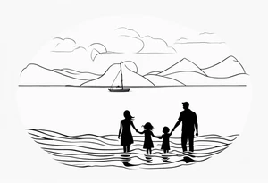 Single line tattoo of a dad and his two toddler daughters holding hands by the ocean tattoo idea