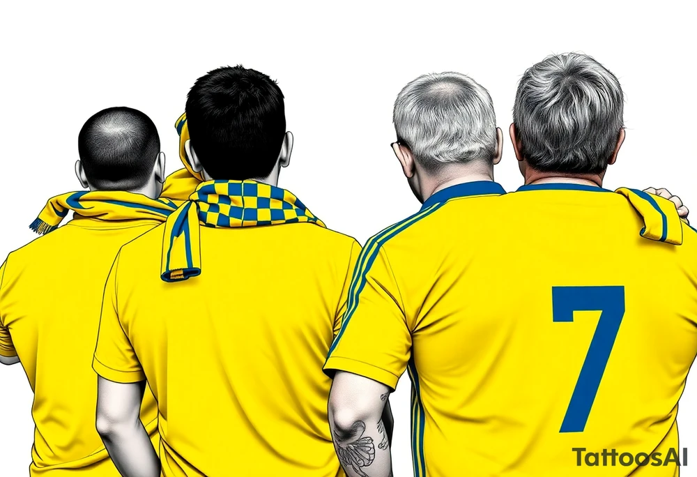 4 soccer fans from their backs, wearing yellow blue shirts. the second one from left having a kid on his shoulders, and he's rising a scarf.
the right one is older, more fat and shorter and wearing an shirt with the number 7 on it and has on his shoulders line like adidas
the left on has a yellow-blue Checkered on his shirt and he's holding a yellow-blue scarf in his right hand
make some space between the men tattoo idea
