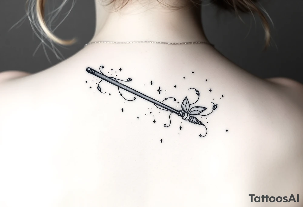 A magic wand (hermione's) with magic dust all around it and a ladybud exiting at the tip wand like a magic spell, and some small detail around it that would do a piggyback on harry poter like a lightning, harry's glasses, the golden snitch etc... tattoo idea