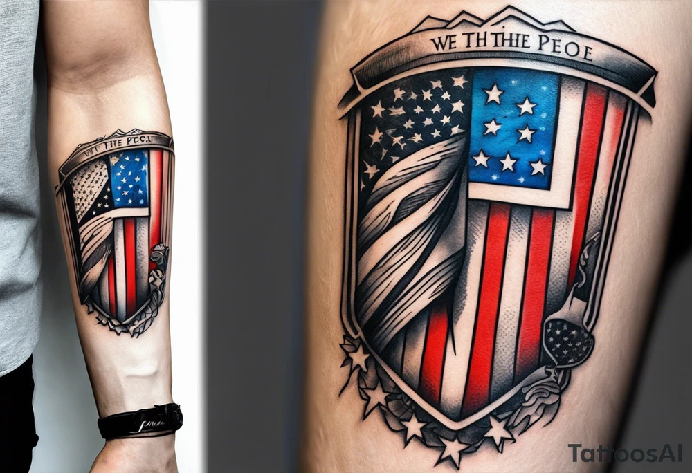 American patriotic forearm tattoo that includes the American flag, the phrase "We The People" tattoo idea