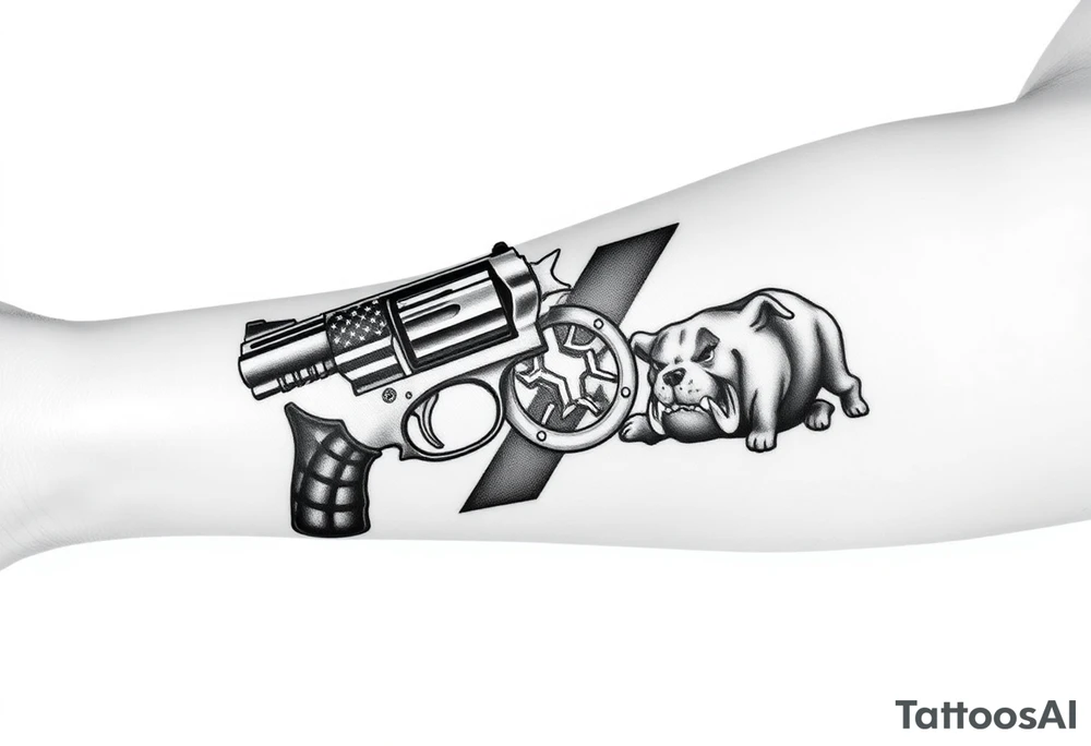 Revolver, American flag, state of florida, grenade, horseshoe, bulldog and blended into a half forearm sleeve tattoo idea