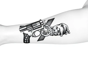 Revolver, American flag, state of florida, grenade, horseshoe, bulldog and blended into a half forearm sleeve tattoo idea