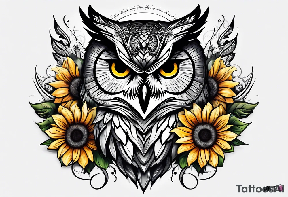 Sleeve with an owl, sunflower and butterfly tattoo idea