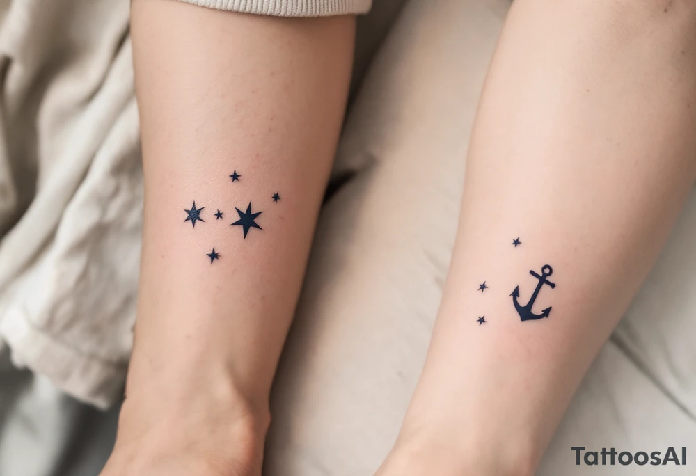 Matching man woman tattoo of nautical stars, the father’s in dark navy blue on the chest, the child’s smaller in light blue on the ankle. tattoo idea