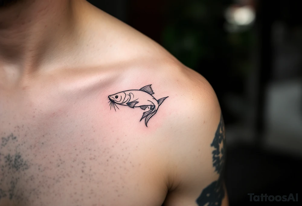 Minimalist Catfish Outline – A clean, single-line tattoo in black ink, with a subtly stylized head and whiskers, emphasizing flow and motion. tattoo idea