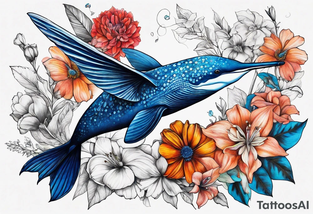 flowers, bold color, collage, blue whale, hummingbird tattoo idea