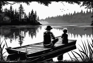 forearm tattoo set on a dock on a lake. There is a little boy sitting next to a little girl. The little boy is fishing and the little girl is reading. There are trees surrounding the lake. tattoo idea