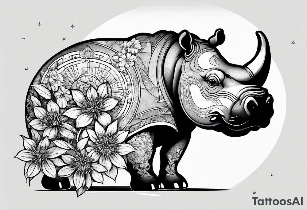 Very asymmetrical, +geometric pattern, with realistic full moon, with seeious looking hippo, +zen feel, + Buddhism touch,
with wintersweet flower bud, +portrait orientation, +inkart touch, tattoo idea