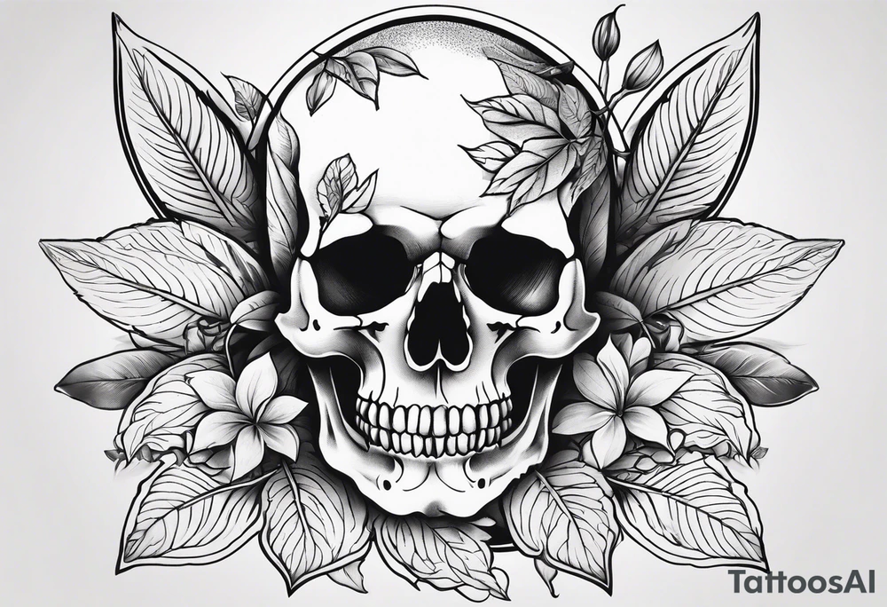 Skull and bones with leafs forearm tattoo idea