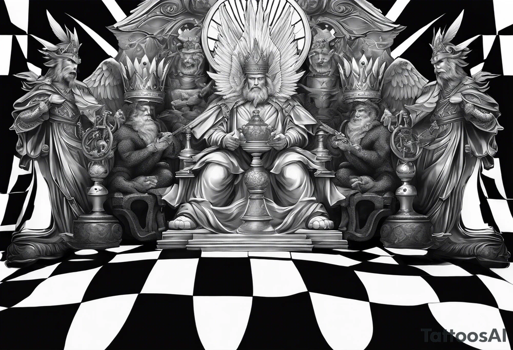 Illustrate a powerful scene where the angelic king checkmates the demonic king, symbolizing the triumph of good over evil in the strategic game of life. tattoo idea