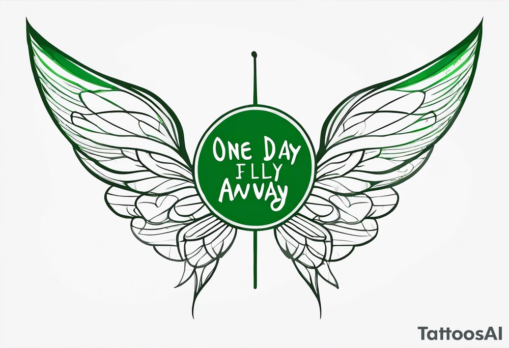 Green fairy wings with text “one day I’ll fly away” tattoo idea