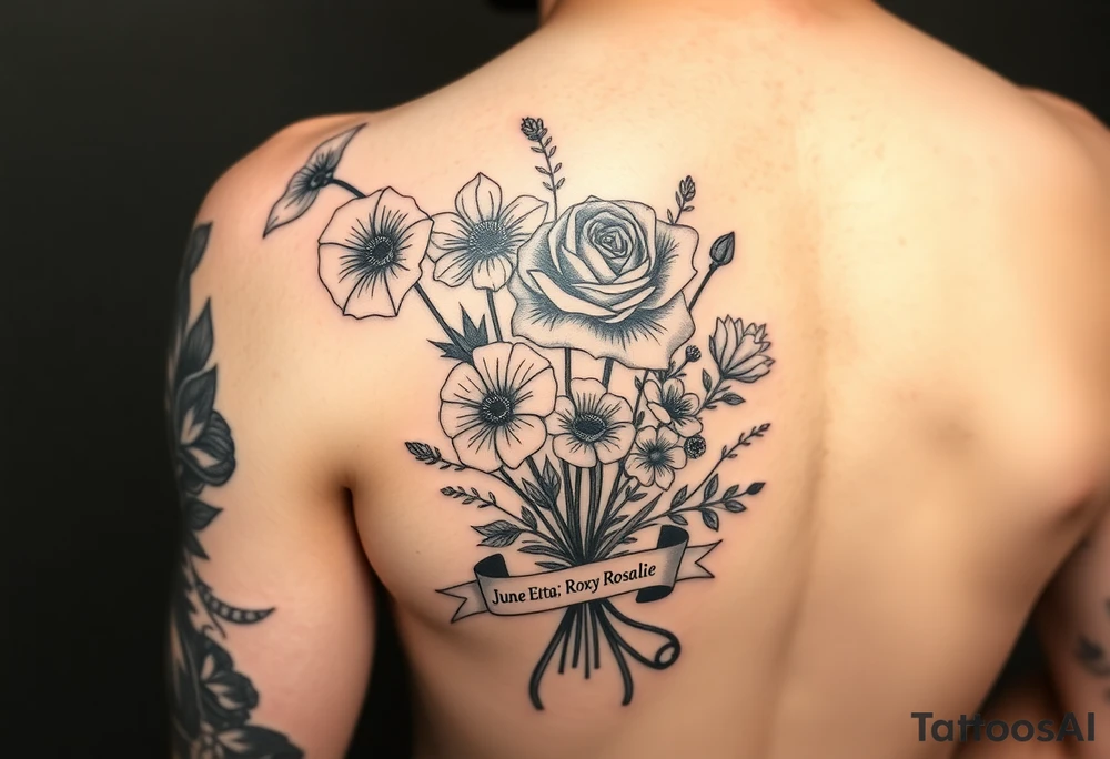 Half arm sleeve of 3 hollyhock flowers, one wild rose, 5 wild flowers in a bouquet with ribbon bow towards the bottom like the just got picked. On the ribbon include three names: June Etta, Roxy, Rosalie. Next the bouquet put a full realistic stethoscope tattoo idea