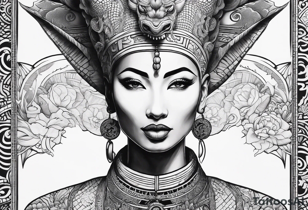 nerfertiti with asian style, dragon to cover half arm tattoo idea