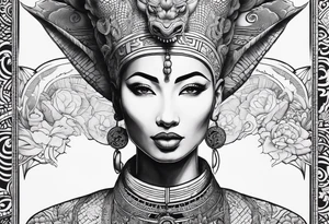 nerfertiti with asian style, dragon to cover half arm tattoo idea