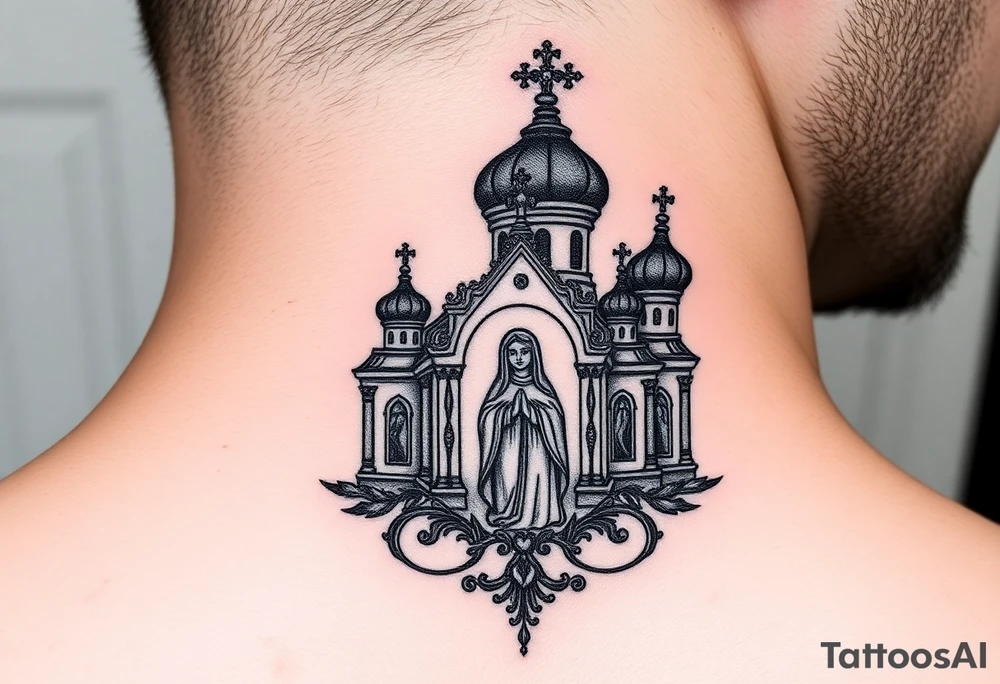 medium traditional russian orthodox church with a russian coat arms and virgin mary tattoo idea