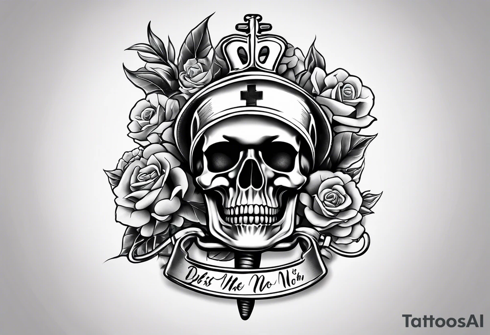 “Do no harm but take no shit” in calligraphy with middle finger and stethoscope for nurse tattoo idea