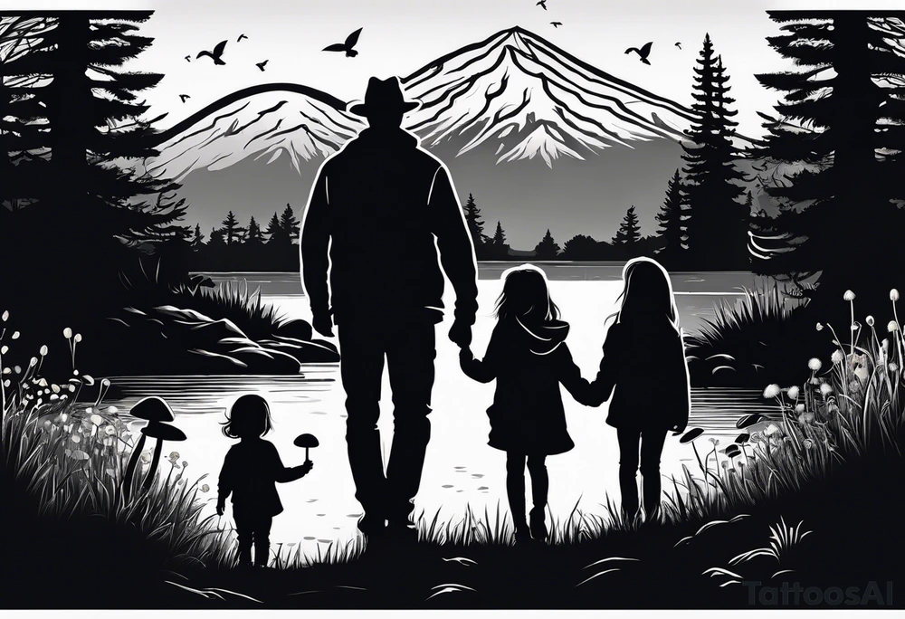 Family silhouette of a father, a mother with long straight blonde hair, oldest son, middle daughter, and small daughter foraging mushrooms with mountains and creek in background tattoo idea
