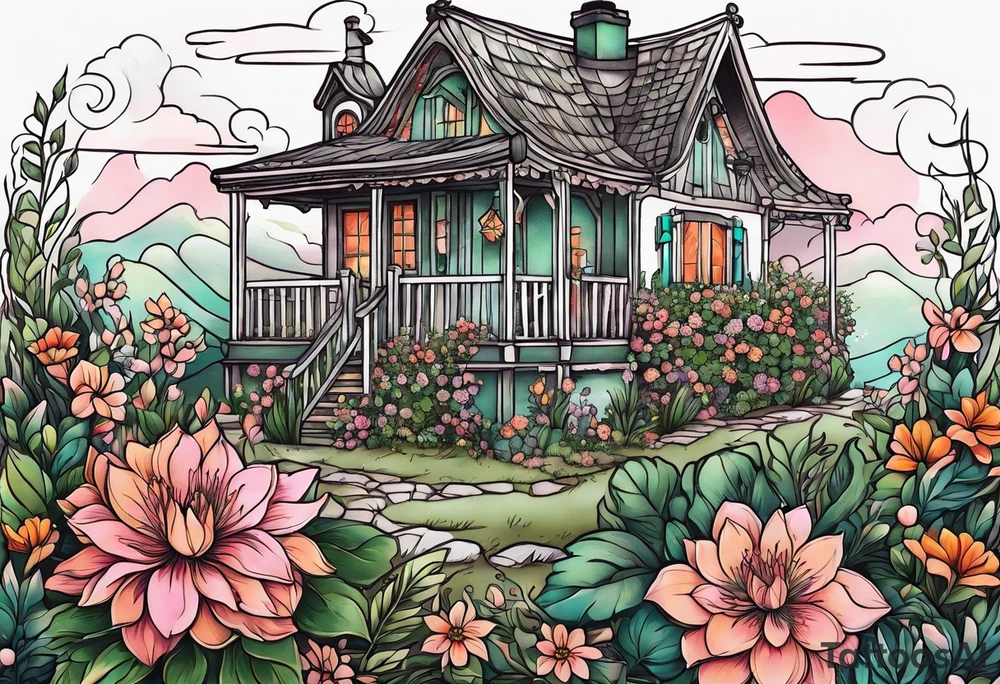 Small floral cottagecore witchy with pinks, oranges and greens. tattoo idea