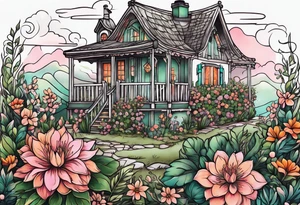 Small floral cottagecore witchy with pinks, oranges and greens. tattoo idea