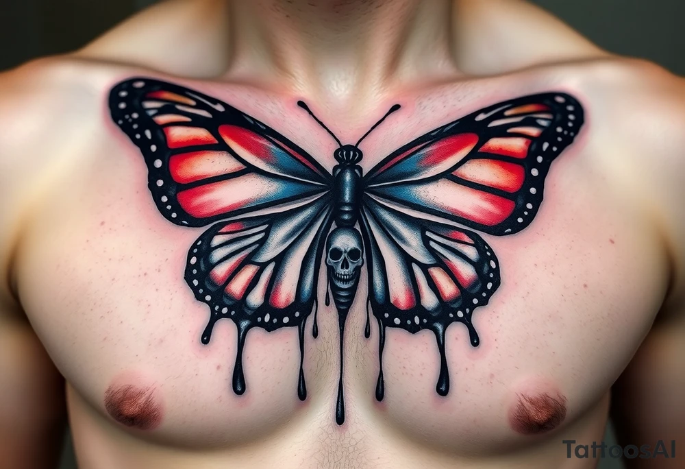 powerful majestic and dark monarch butterfly with skull detail in the wings
hidden skulls in wings, skull detail making the body of the butterfly with a horror style dripping effect, including blue, red and white colouring
placement on chest tattoo idea
