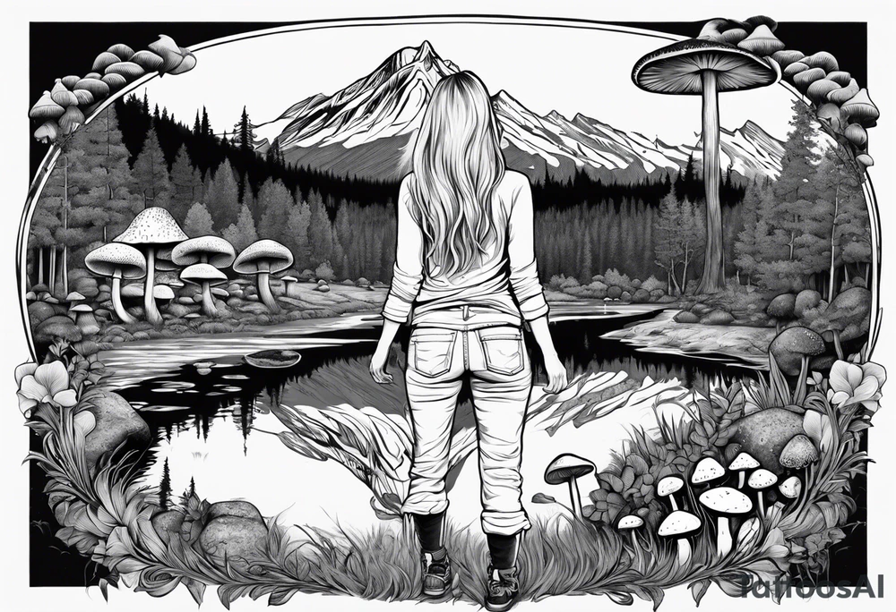 Whole picture encircled fully

Straight long blonde hair hippie girl in distance holding mushrooms in hand facing away toward mountains and creek surrounded by mushrooms long sleeve shirt and hiking pants; whole rendering within a full circle, no cut off circle tattoo idea