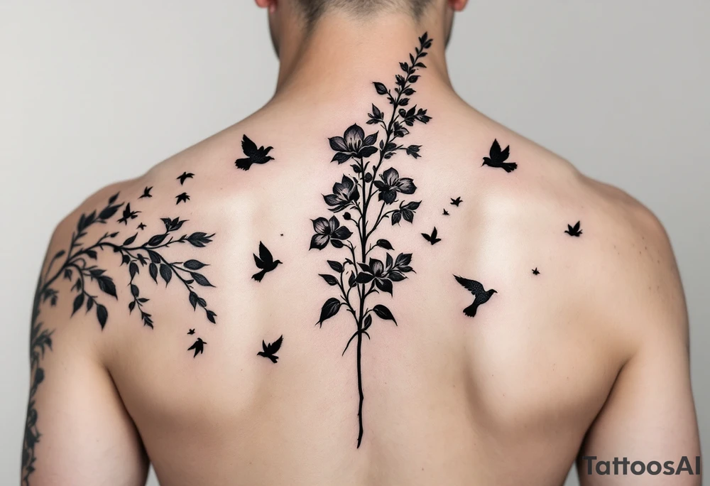 A wood violet blowing in the wind with pedals floating away turning into birds tattoo idea