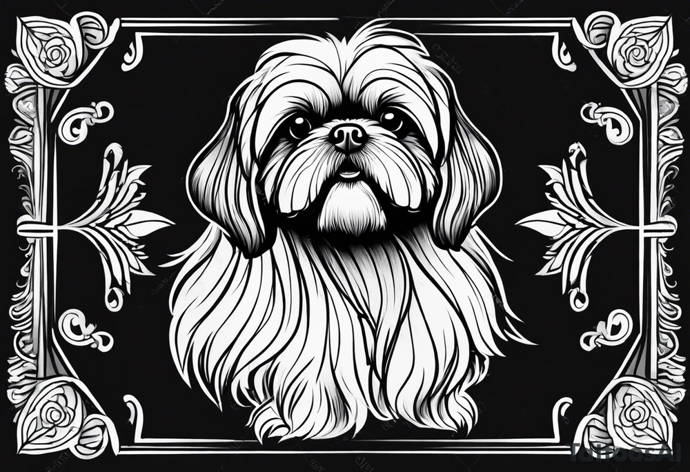 Design a small outline tattoo of a Shih Tzu with long hair flowing, capturing its adorable and regal presence. tattoo idea