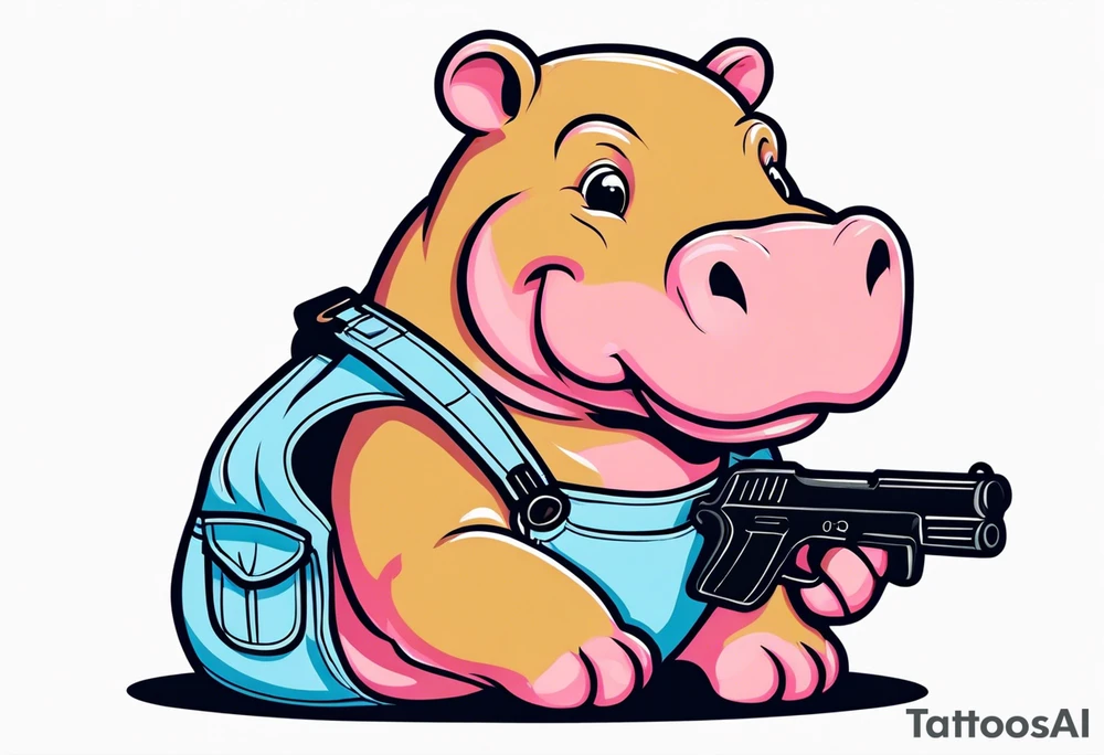 Baby hippo wearing overalls and holding a gun tattoo idea