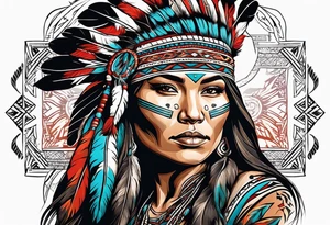 Native American woman  full body with buffalo blanket tattoo idea