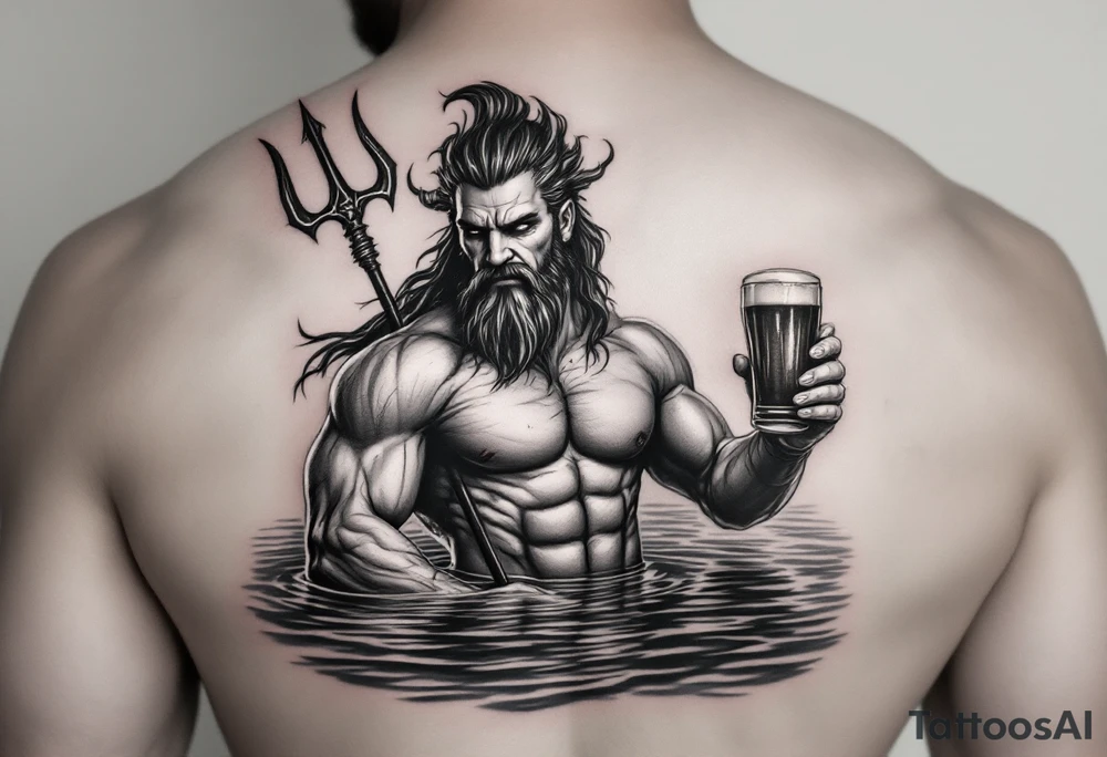 poseidon, with a trident, in calm water, holding a beer tattoo idea