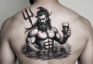 poseidon, with a trident, in calm water, holding a beer tattoo idea