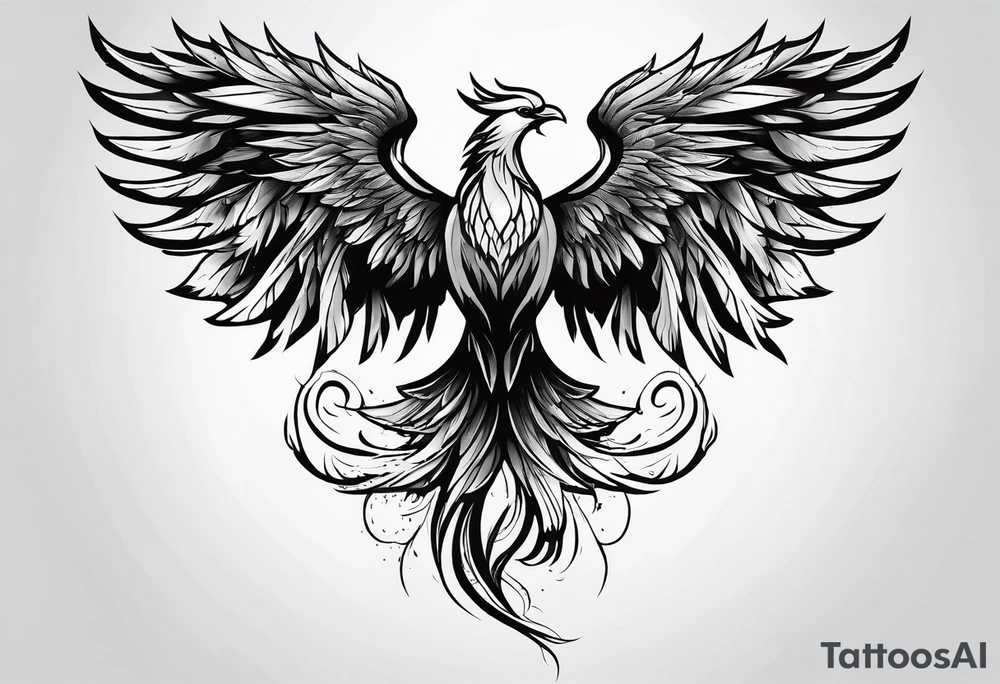 a phoenix rising from the ashes, with an angel opening its wings on the background tattoo idea