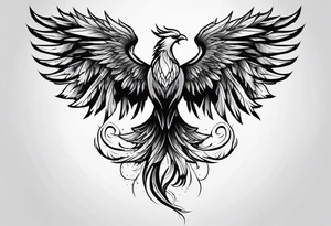 a phoenix rising from the ashes, with an angel opening its wings on the background tattoo idea