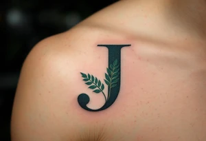 Bold serif "J" in dark forest green with a textured leaf pattern inside the letter. tattoo idea