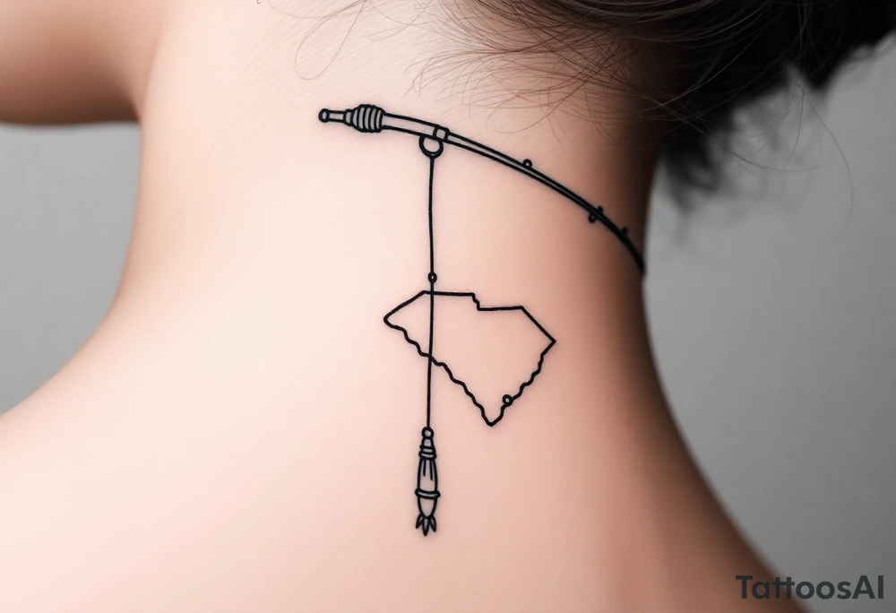 Old fishing rod with something showcasing South Carolina state dangling from top of the line tattoo idea