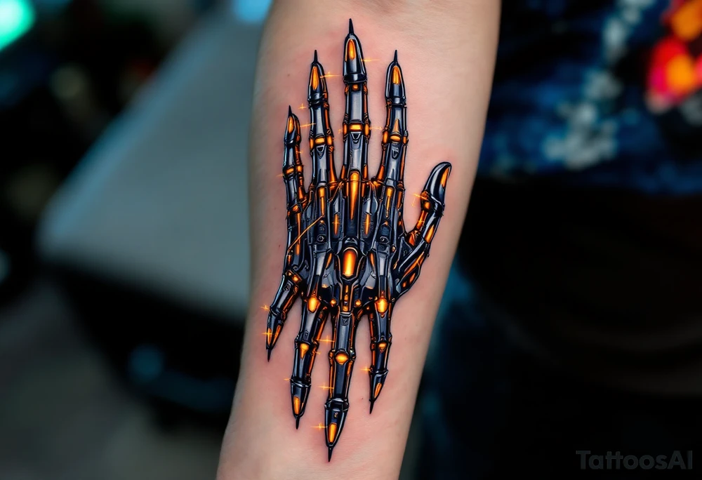 A half-human, half-android hand design in glossy gunmetal, lit from within by soft amber light trails tattoo idea