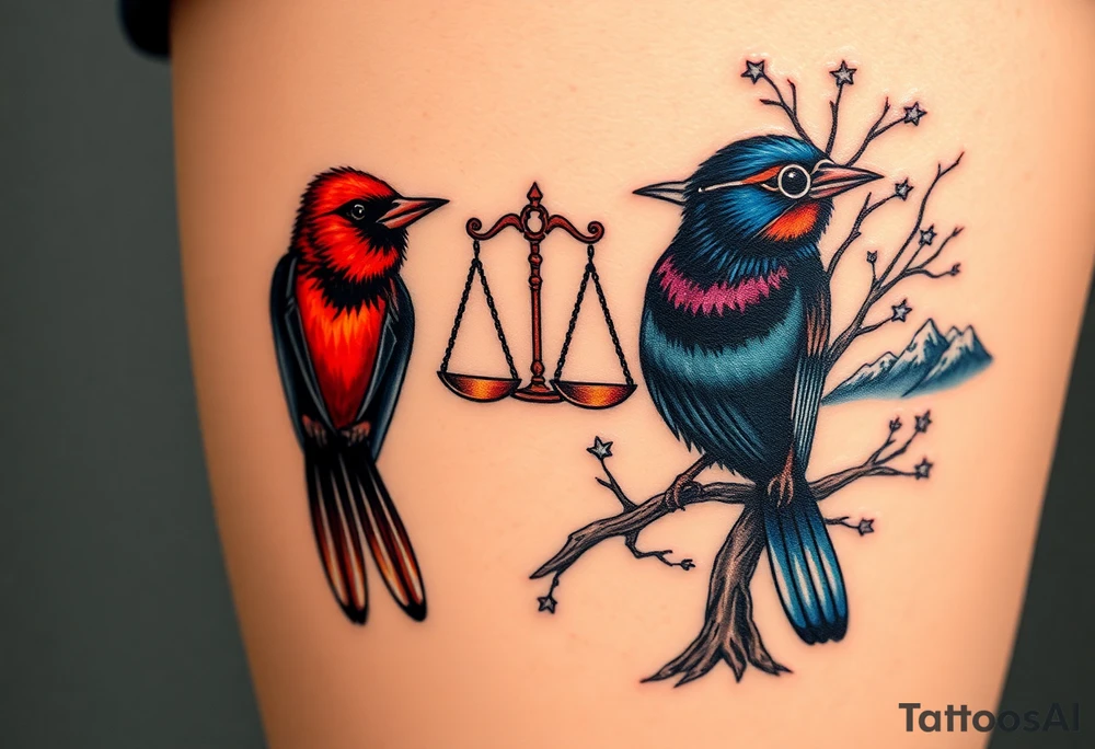 2 birds as the focus, 1 red bird in a suit, 1 navy blue bird with glasses, scales of justice in a tree, starry night painting and mountain background tattoo idea