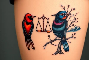 2 birds as the focus, 1 red bird in a suit, 1 navy blue bird with glasses, scales of justice in a tree, starry night painting and mountain background tattoo idea