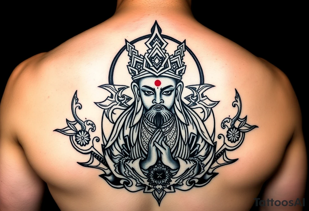 "Tibetan thangka tattoo but deity is a crypto wallet with QR face. Geometric patterns, black/red ink." tattoo idea