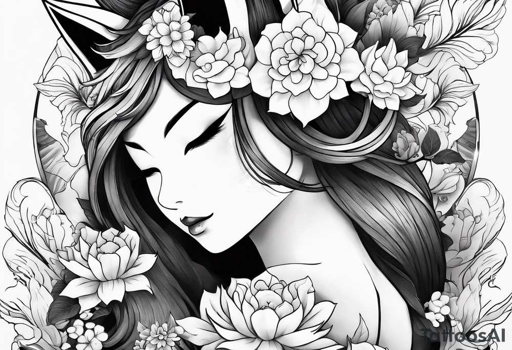 kitsune mask whit woman anime stiyle and  flowers tattoo idea