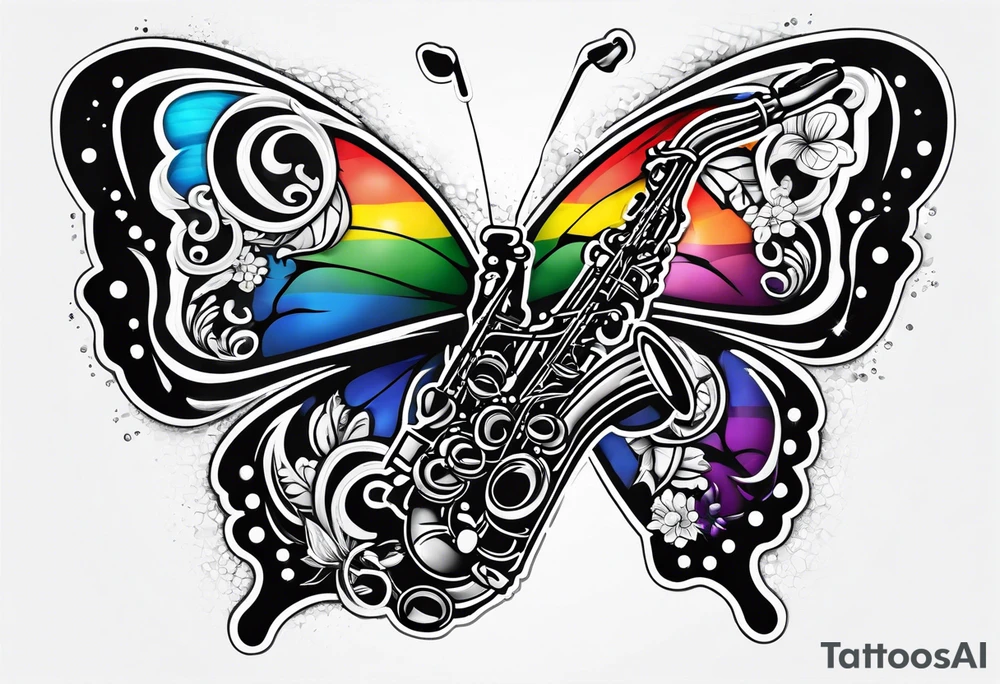Saxophone, butterfly, rainbow, PACMAN tattoo idea