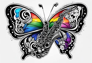 Saxophone, butterfly, rainbow, PACMAN tattoo idea