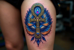 An Ankh resting atop the Eye of Horus, detailed in gold and deep blue, representing divine vision and protection. tattoo idea